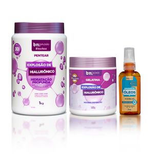 Kit com Creme de Pentear + Gelatina Explosão de Hialurônico + Óleo de Jojoba e Argan